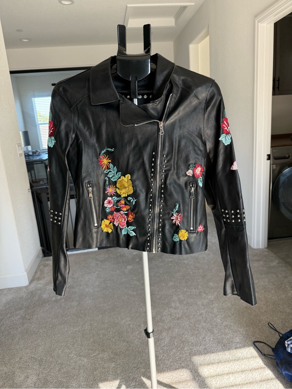 Black Floral Embroidered studded Leather Moto Jacket